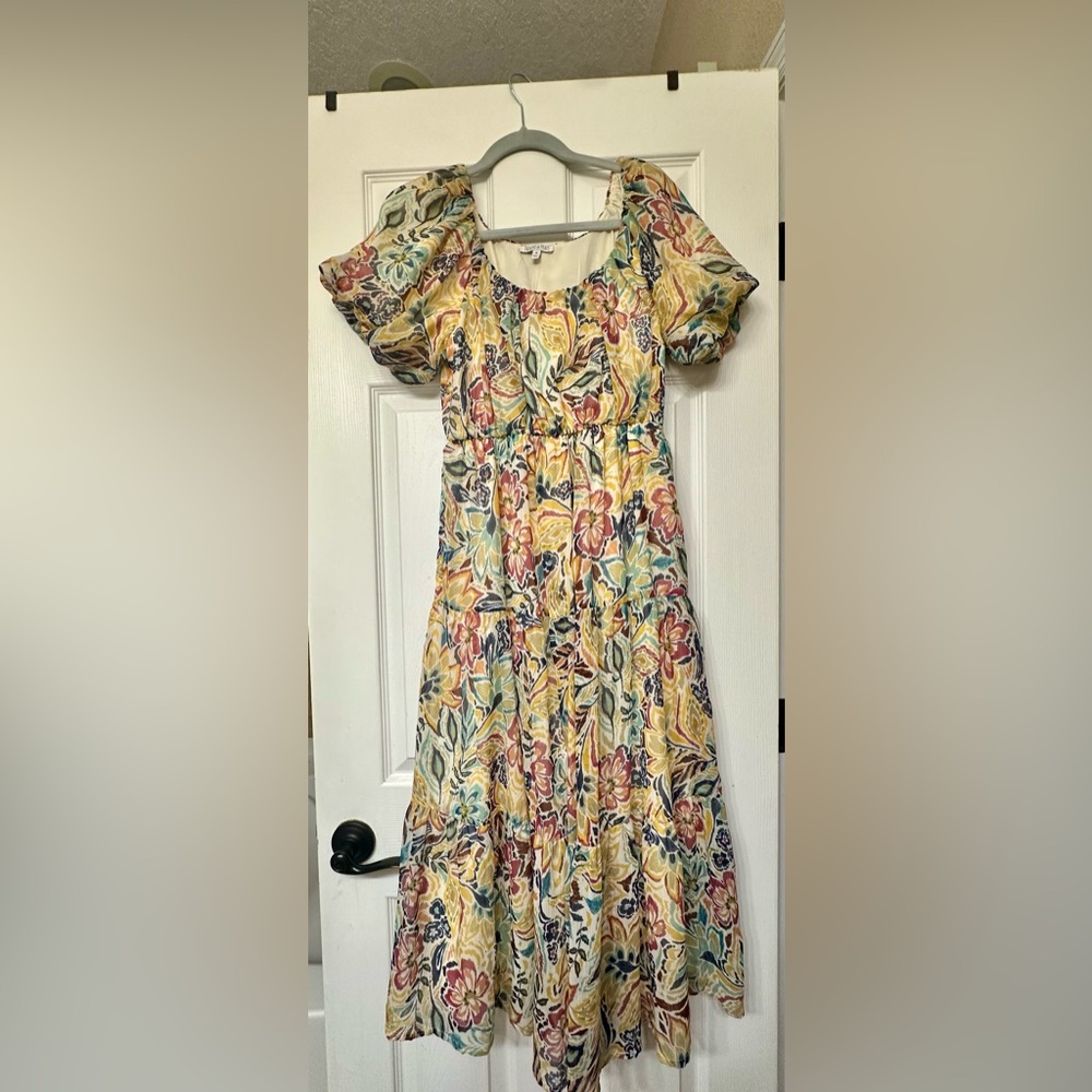 Patrons of Peace Womens Floral Midi Dress Medium Puff Sleeves Chiffon Romantic